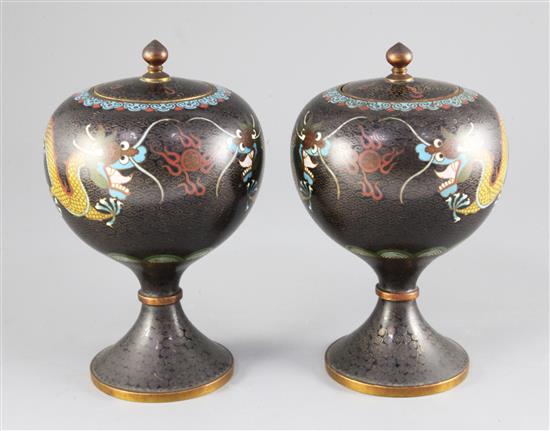 A pair of Chinese cloisonne enamel dragon jars and covers, early 20th century, height 20.5cm